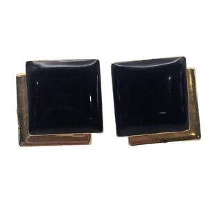 Vintage Monet Black Cabochon Gold Tone Clip On Earrings Modernist Geometric